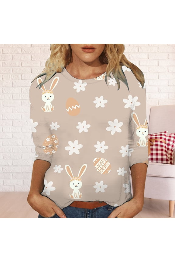 Womens Blouses Women's Spring Easter Bunny Easter Egg Round Neck Loose Casual Seven Sleeve Top Long Sleeve Shirts for Women