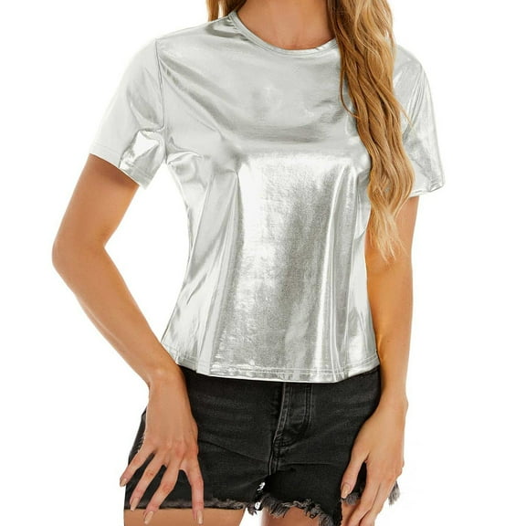 Womens Blouses Women's Spring Summer Metallic Glossy Round Neck Loose Casual T Shirt Fashion Clothing