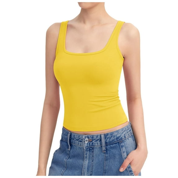 Womens Blouses Women's Square Neck Tank Top Sleeveless Double Lined Basic Tops Tops for Women Loose Fit Polyester Junior plus Size 3x Womens Camisoles And Long Cropped Tees for Women Set Lac Yellow XL