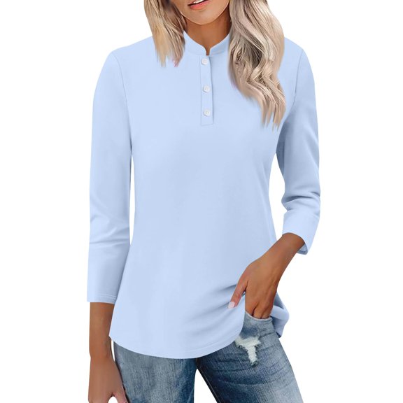 Womens Blouses Women's Stand Collar 3/4 Sleeve Tops Casual Shirts Basic Summer Tees Blouse Fall Winter Spring Trendy Casual Shirts Fashion Clothing