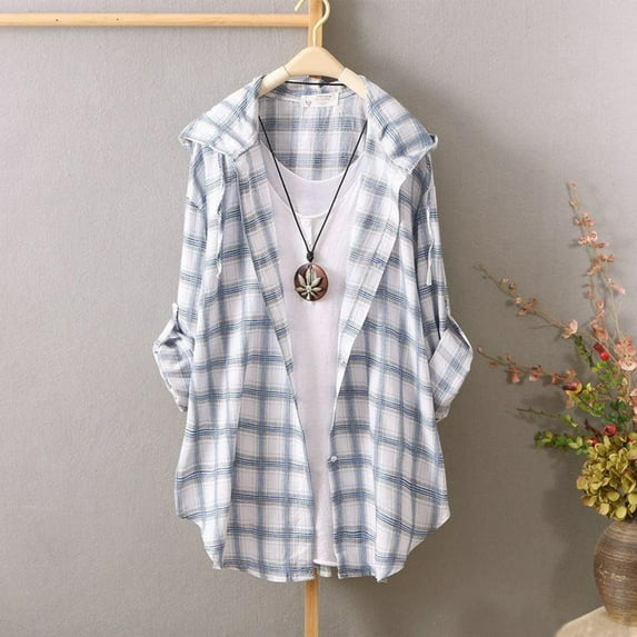 Womens Blouses Womens Plaid Long Sleeve Shirt Cardigan Loose Shirt Thin T Shirt Hoodie Long Sleeve Shirts for Women