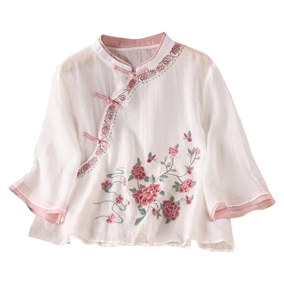 Womens Blouses Womens Retro Placket Frog Button Cotton Linen Top 3/4 Sleeve Embroidered Trendy Summer Casual Womens T Shirts