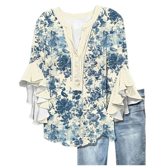 Womens Blouses, Womens Ruffle 3/4 Sleeve Tops Trendy Comfy Button V-Neck Shirts Floral Print Loose Casual Tunic Blouses Summer Tees, MR-22, L