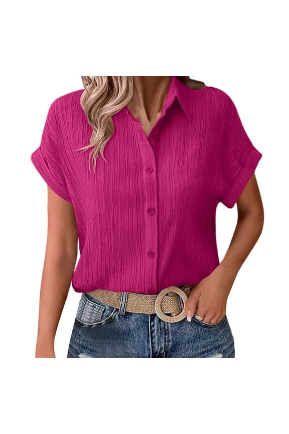Womens Blouses Womens Shirts Blouses Fashion Button Down Short Sleeve Dress Textured Ladies Clothing