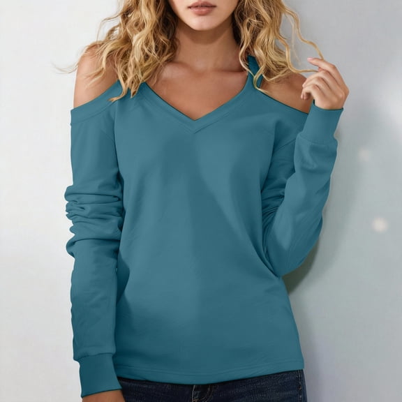 Womens Blouses Womens V Neck Cold Shoulder Tops Long Sleeve T Shirts Loose Basic Tops Casual Blouses Trendy Tshirt Fashion Clothing
