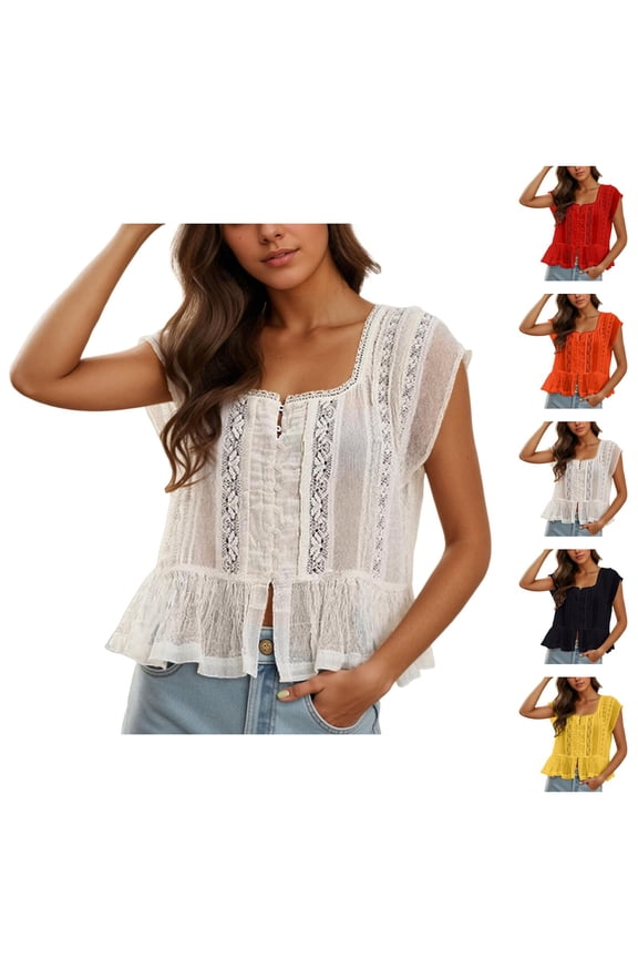 Womens Blouses Y2k Semi Sheer Lace Trim Summer Shirts Short Sleeve Square Neck Casual Going out Tops