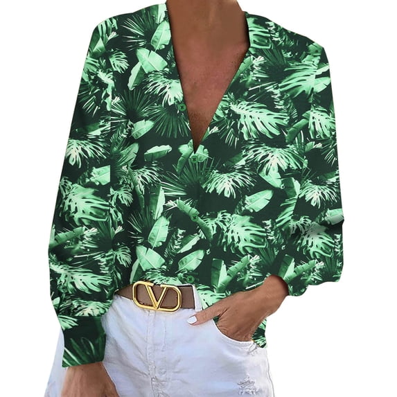 Womens Blouses and Tops Dressy Vintage Laef Print Shirts Deep V Neck Long Sleeve Blouses Casual Loose Fit Tunic Shirt on Womens Sweatshirt