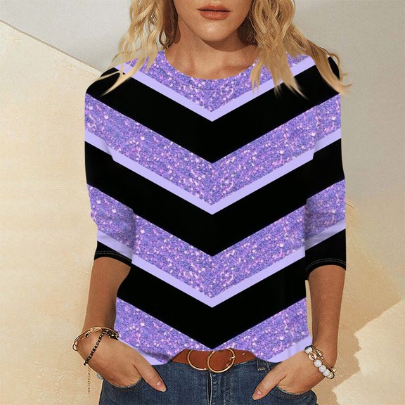 Womens Blouses and Tops Dressy Women's Casual Fashion Print Round Neck Three Quarter Sleeve T-Shirt Top