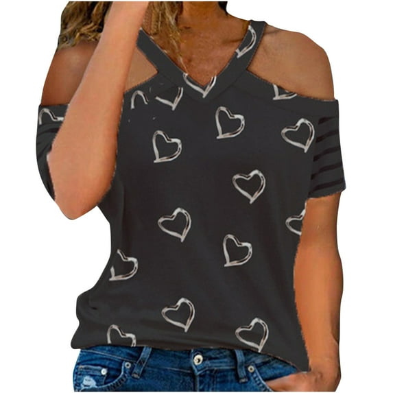 Womens Blouses and Tops Dressy, Women's Cold Shoulder Loose Shirt Tops Fashion Casual Heart Print Blouses Short Sleeve V Neck Tunic Tee