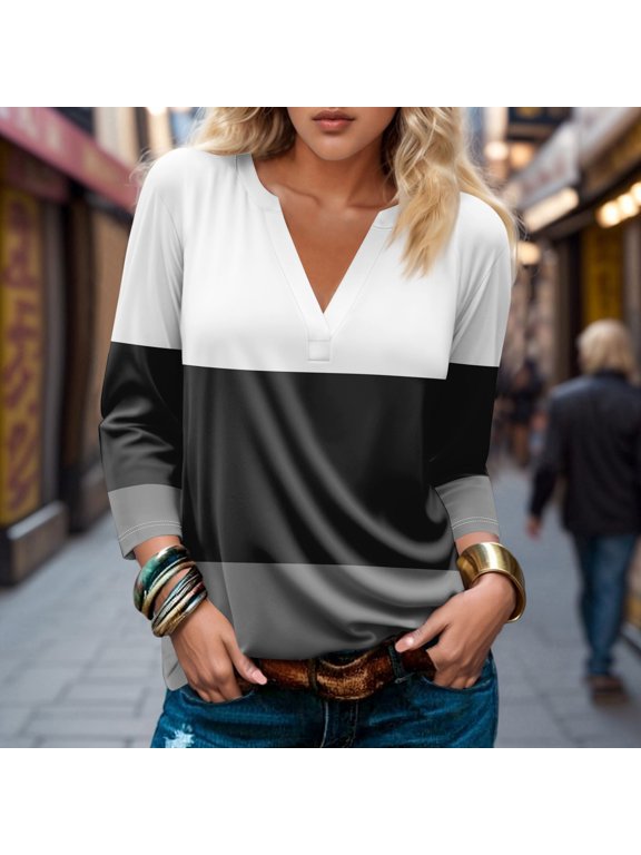 Womens Blouses and Tops Dressy Women's Fashionable And Casual Print V Neck 3/4 Sleeve T Shirt Top Basic V Neck Regular Top