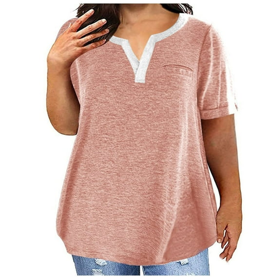 Womens Blouses and Tops Dressy Women's Large Size T-Shirt Casual Solid Color V-Neck Short Sleeve Pocket Top