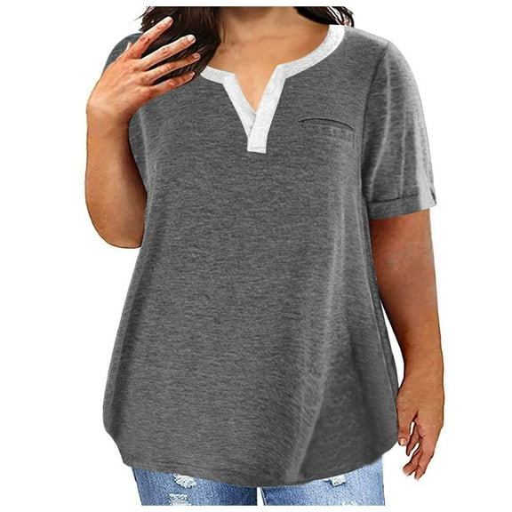 Womens Blouses and Tops Dressy Women's Large Size T-Shirt Casual Solid Color V-Neck Short Sleeve Pocket Top