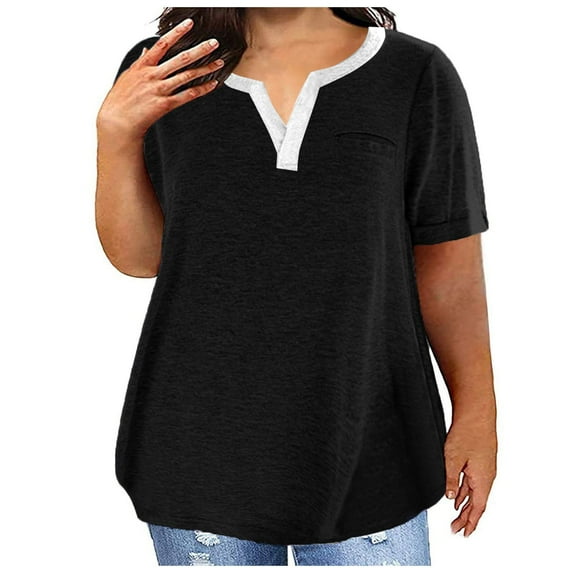 Womens Blouses and Tops Dressy Women's Large Size T-Shirt Casual Solid Color V-Neck Short Sleeve Pocket Top