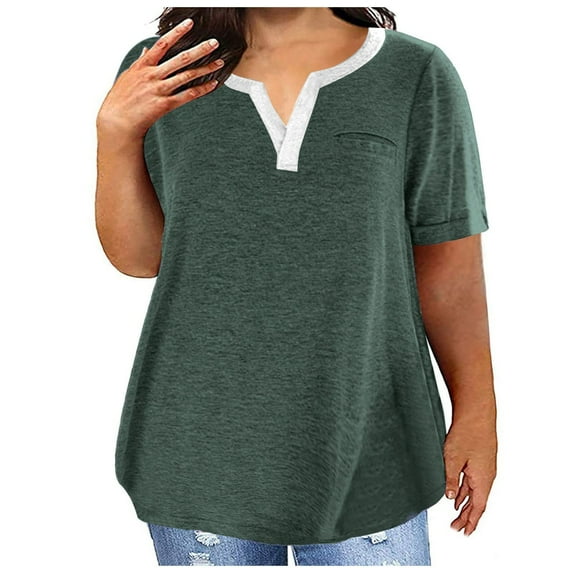 Womens Blouses and Tops Dressy Women's Large Size T-Shirt Casual Solid Color V-Neck Short Sleeve Pocket Top