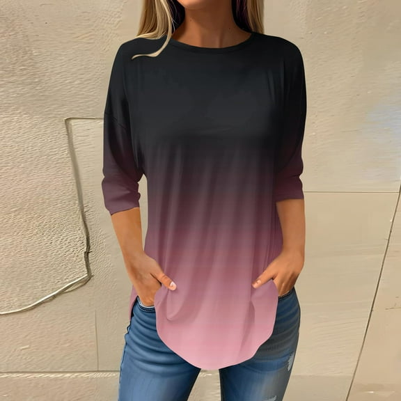 Womens Blouses and Tops Dressy Women's Loose Round Neck Print 3/4 Sleeve T-Shirt Top Pullover