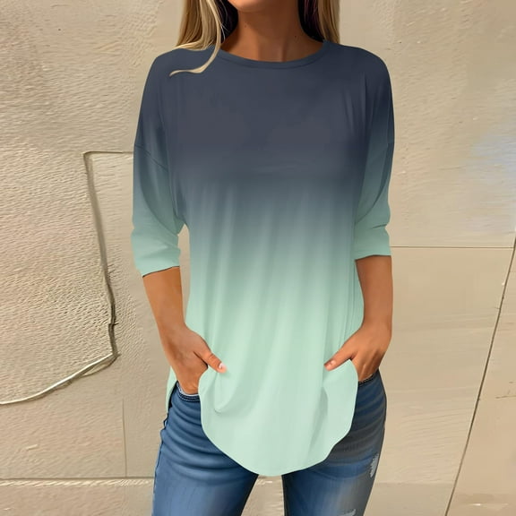 Womens Blouses and Tops Dressy Women's Loose Round Neck Print 3/4 Sleeve T-Shirt Top Pullover