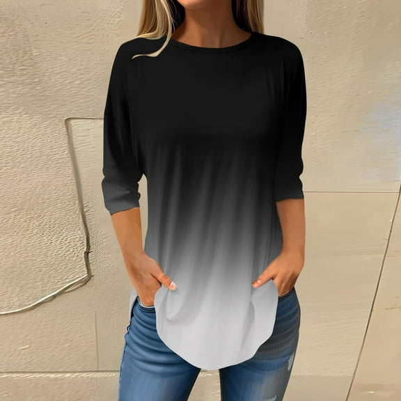 Womens Blouses and Tops Dressy Women's Loose Round Neck Print 3/4 Sleeve T-Shirt Top Pullover