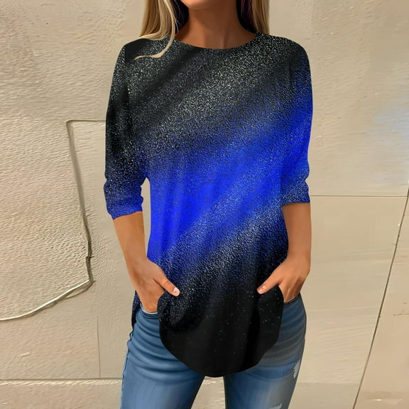 Womens Blouses and Tops Dressy Women's Loose Round Neck Print 3/4 Sleeve T-Shirt Top Pullover
