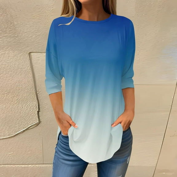 Womens Blouses and Tops Dressy Women's Loose Round Neck Print 3/4 Sleeve T-Shirt Top Pullover
