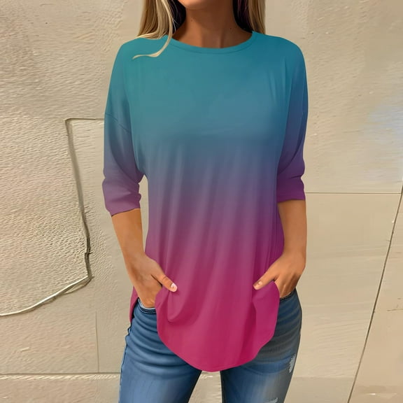 Womens Blouses and Tops Dressy Women's Loose Round Neck Print 3/4 Sleeve T-Shirt Top Pullover