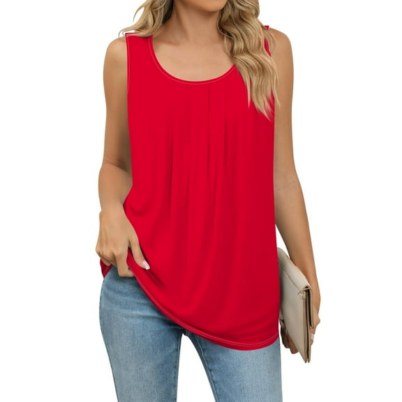Womens Blouses and Tops Dressy Women's Summer Loose Vest Sleeveless Round Neck Pleated Casual Solid Color Top