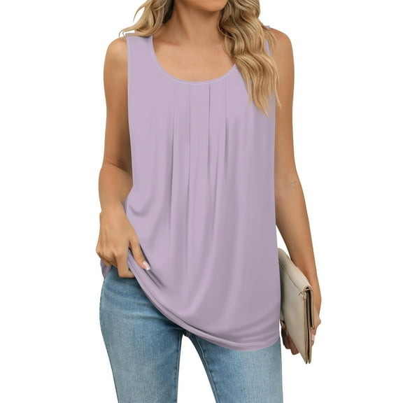 Womens Blouses and Tops Dressy Women's Summer Loose Vest Sleeveless Round Neck Pleated Casual Solid Color Top