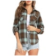 thumbnail image 1 of Womens Blouses autumn winter Casual Roll Up Long Sleeve Boyfriend plaid print Button Down Flannel tops, 1 of 7