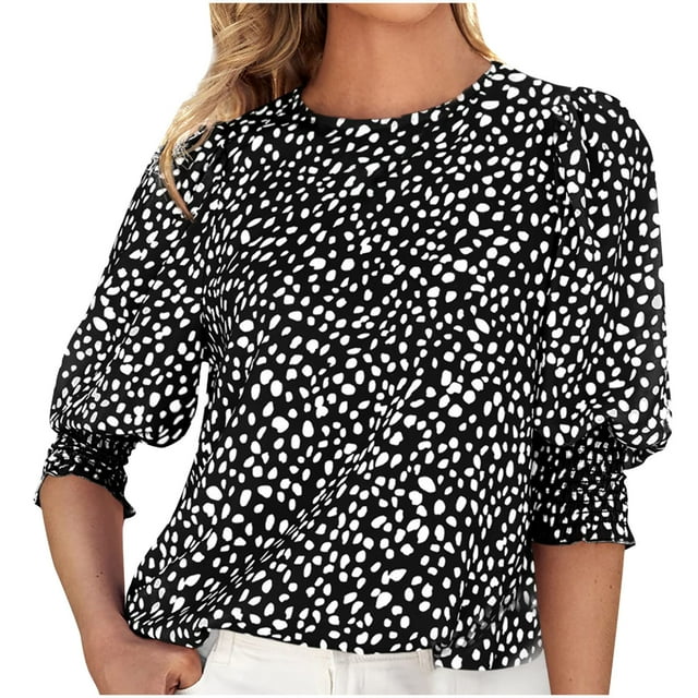 Womens Blouses for Work Professional Women's Printed Round Neck Loose Chiffon Top Short Sleeve