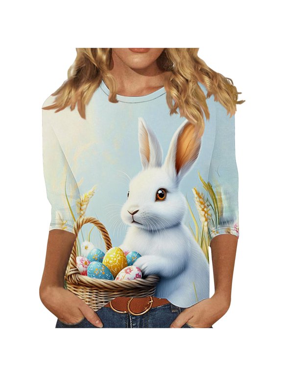 Womens Blouses for Work,Women Easter Shirts 2025 Cute Rabbit Bunny Pullovers Religious Tunic Blouse Funny Egg Graphic Tees 3/4 Length Sleeve Tops
