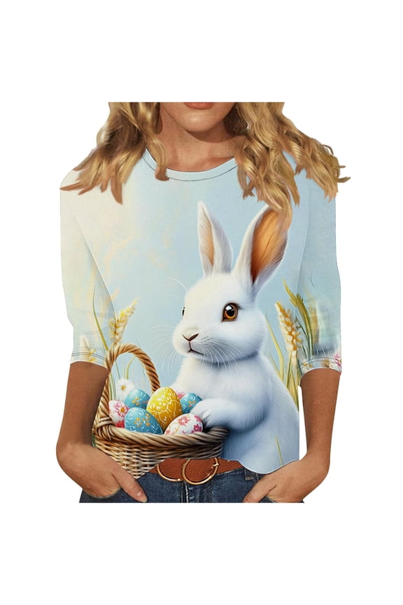 Womens Blouses for Work,Women Easter Shirts 2025 Cute Rabbit Bunny Pullovers Religious Tunic Blouse Funny Egg Graphic Tees 3/4 Length Sleeve Tops