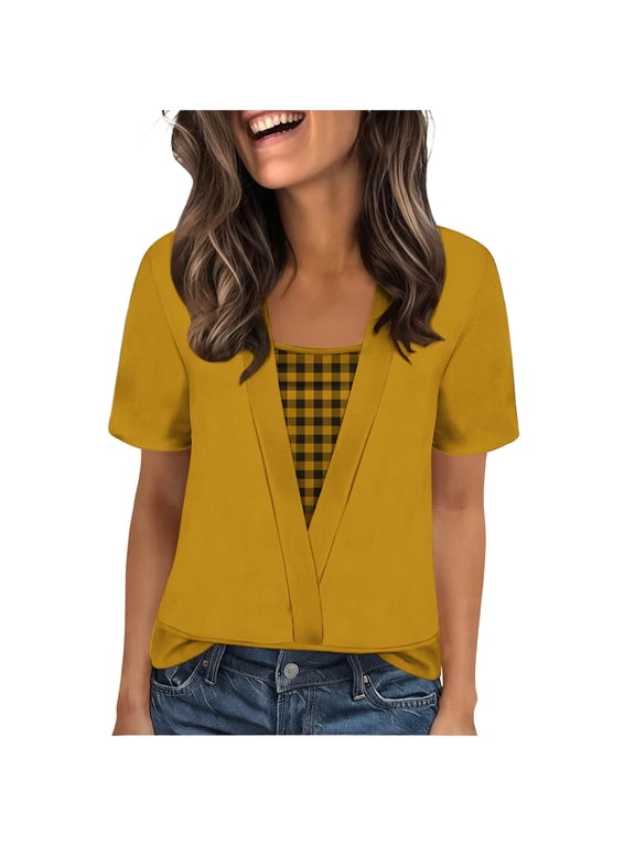 Womens Blouses for Work,Womens Summer Tops Trendy 2 in 1 Blouses Short Sleeve Shirts Casual T Shirts Beach Vacation Clothes