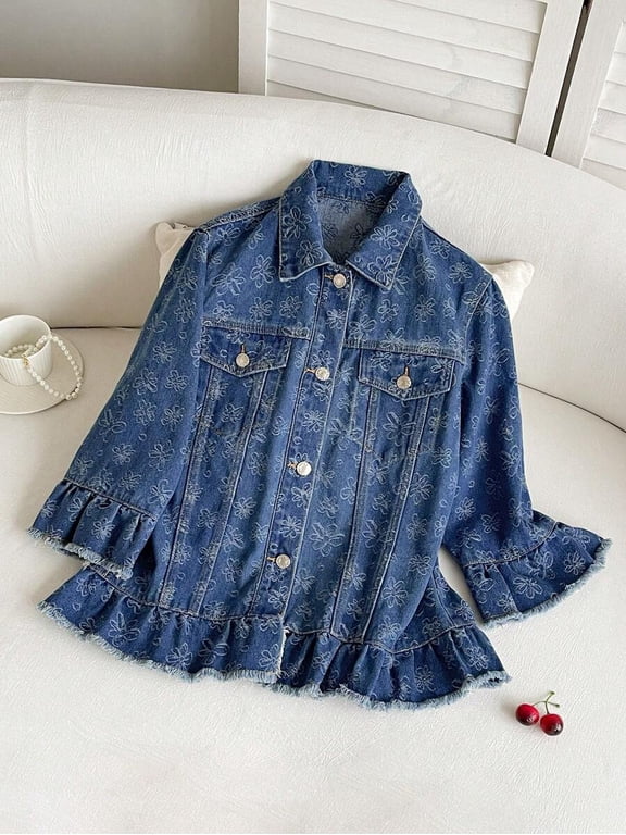 Womens Blue-2 Floral Print Denim Jacket, Retro Vintage Style Ruffle Cuffs