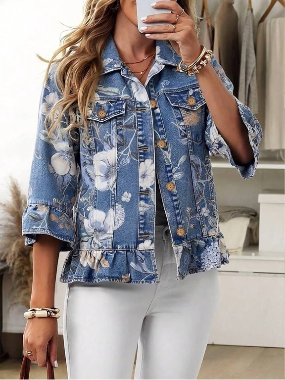 Womens Blue-4 Floral Print Denim Jacket With Ruffle Hem And Cuffs, Retro