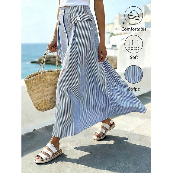 Womens Blue And White Striped A-Line Front Button Maxi Skirt