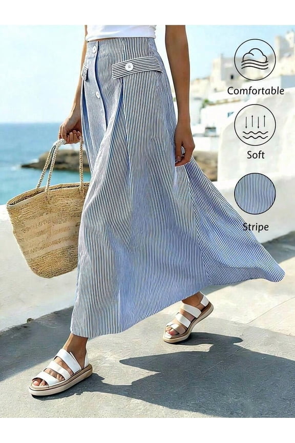 Womens Blue And White Striped A-Line Front Button Maxi Skirt