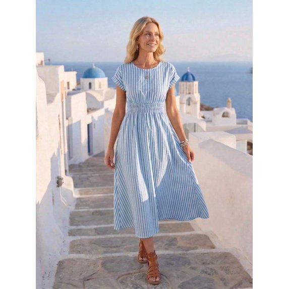 Womens Blue And White Striped Ruched Waist Midi Dress Summer Vacation