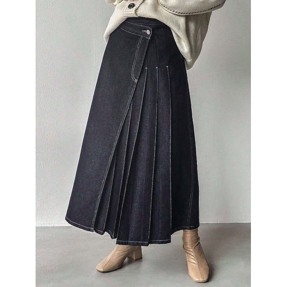 Womens Blue Asymmetrical Pleated Denim Midi Skirt Casual Style