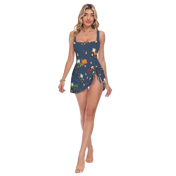 Womens Blue Background Truck Pattern Print 2-in-1 Swim Dress Detachable Skirt One-Piece Swimsuit Square Neck S-XXL