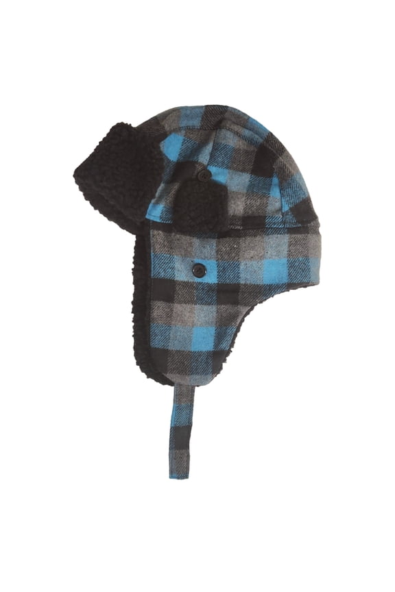 Womens Blue Black & Gray Plaid Sherpa Lined Trapper Hat