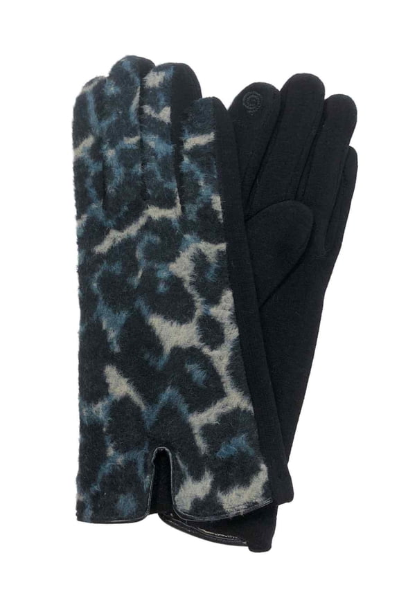 Womens Blue & Black Leopard Print Stretch Fit Texting & Tech Touchscreen Gloves