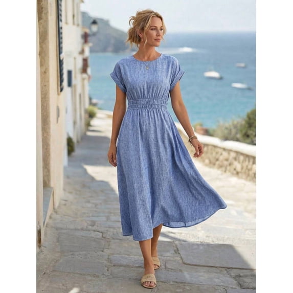 Womens Blue Casual Ruched Waist Pleated Round Neck Vacation Dress