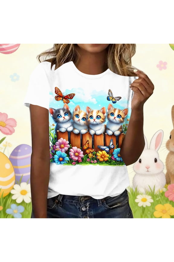 Womens Blue Cat & Butterfly Graphic T-Shirt, Cute Kitten Floral Spring Easter Tee, Short Sleeve Comfort Stretch Fit,Size 4XL