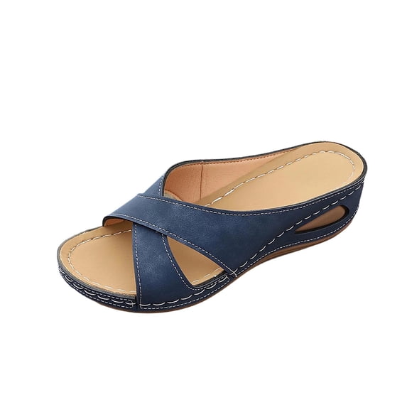 Womens Blue Crisscross Wedge Slide Sandals - 2.16 Inch Platform Slip-On Open Toe Mule with Arch Support for Summer Beach Casual,Size 7.5