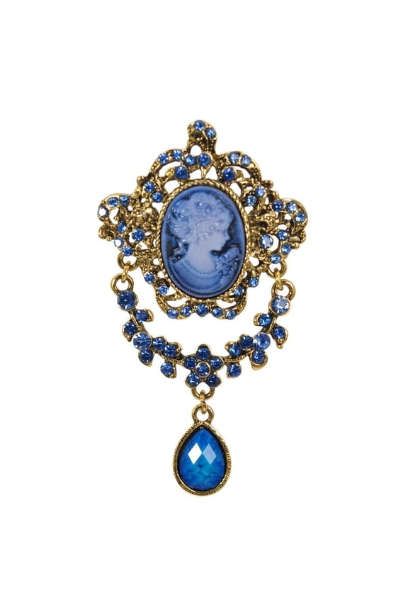 Womens Blue Crystal Rhinestones Vintage Antique Cameo Lady Teardrop Brooch Pin
