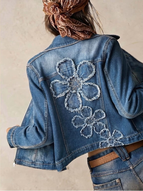 Womens Blue Denim Jacket with Floral Appliqué, Retro 70s Style Zip-Up Crop