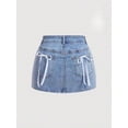 thumbnail image 1 of Womens Blue Denim Mini Skirt With Bow Detail Pocket Accents, 1 of 5