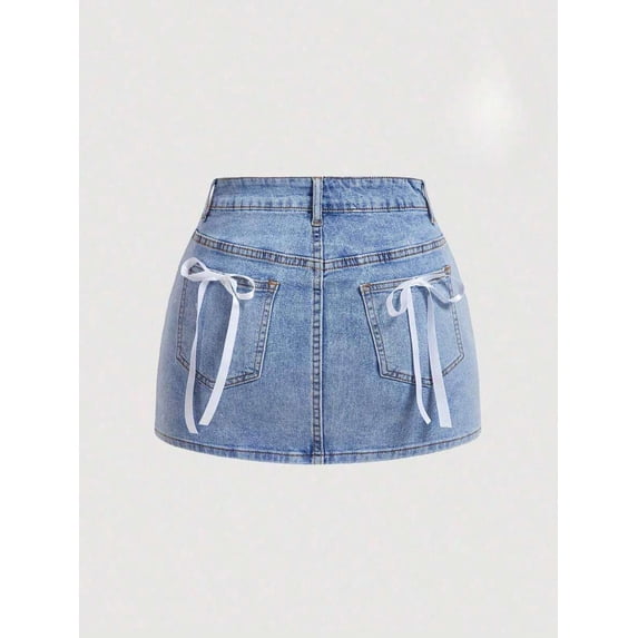 Womens Blue Denim Mini Skirt With Bow Detail Pocket Accents