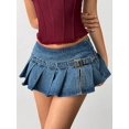 thumbnail image 1 of Womens Blue Denim Pleated Mini Skirt With Belted Waist And Frayed Hem, 1 of 21