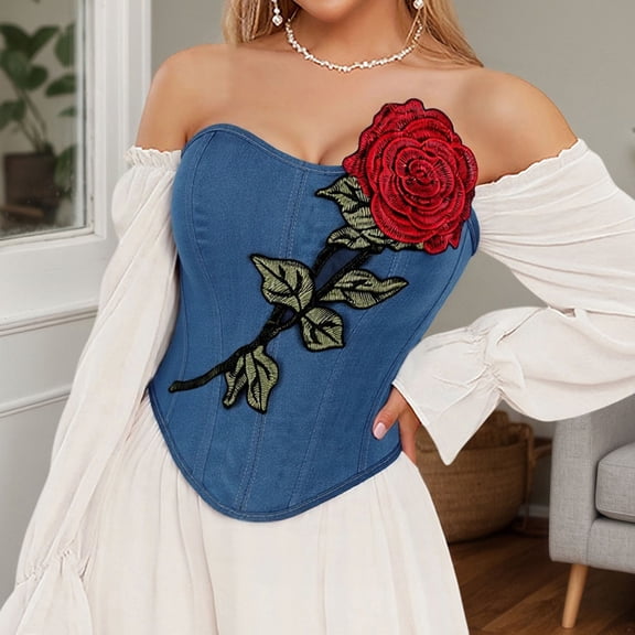 Womens Blue Denim Rose Stitch Strapless Corset Bust Support Boned Shaper Elegant Comfortable Shapewear Blue S
