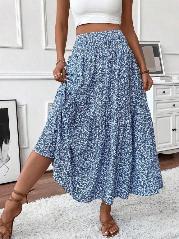 Womens Blue Ditsy Floral Maxi Skirt, Elastic Waist With Pockets, Tiered Ruffle Hem A-Line Flowing Skirt For Spring Summer